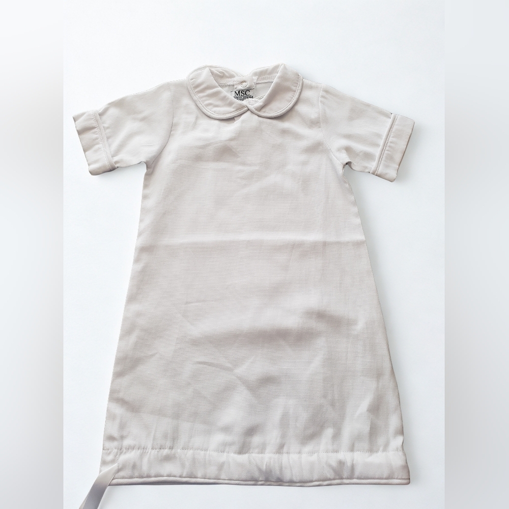 White Baby Day Gown with Peter Pan Collar And Drawstring Hem